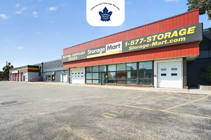 Facility exterior at StorageMart in Toronto, Ontario with Toronto Maple Leafs partnership logo 